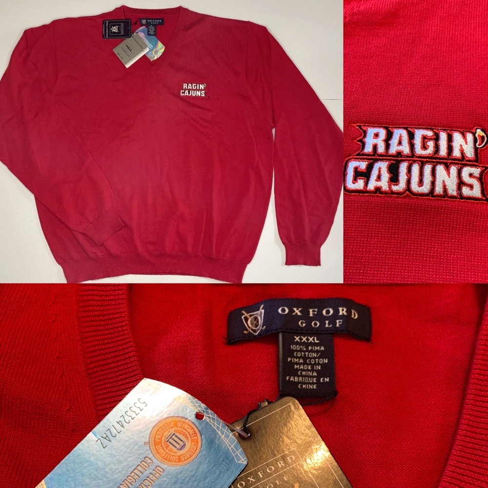 Men’s 3XL Pima Cotton Red Oxford Golf V neck Sweater RAGIN CAGUNS NWT NEW